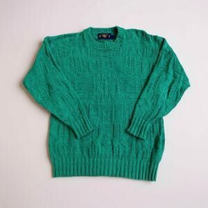 VTG Lake Harmony Sweater M Green Textured Knit‎ Crewneck USA Made Cotton Preppy